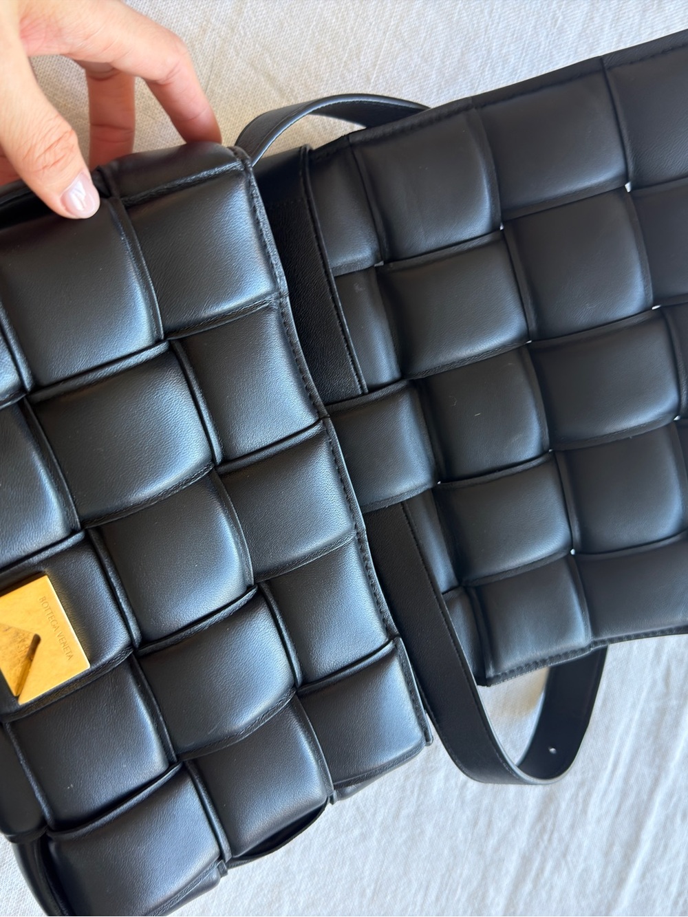 Bottega Veneta Black Intrecciato Padded Crossbody with Gold Triangle Buckle - Picture 6 of 7